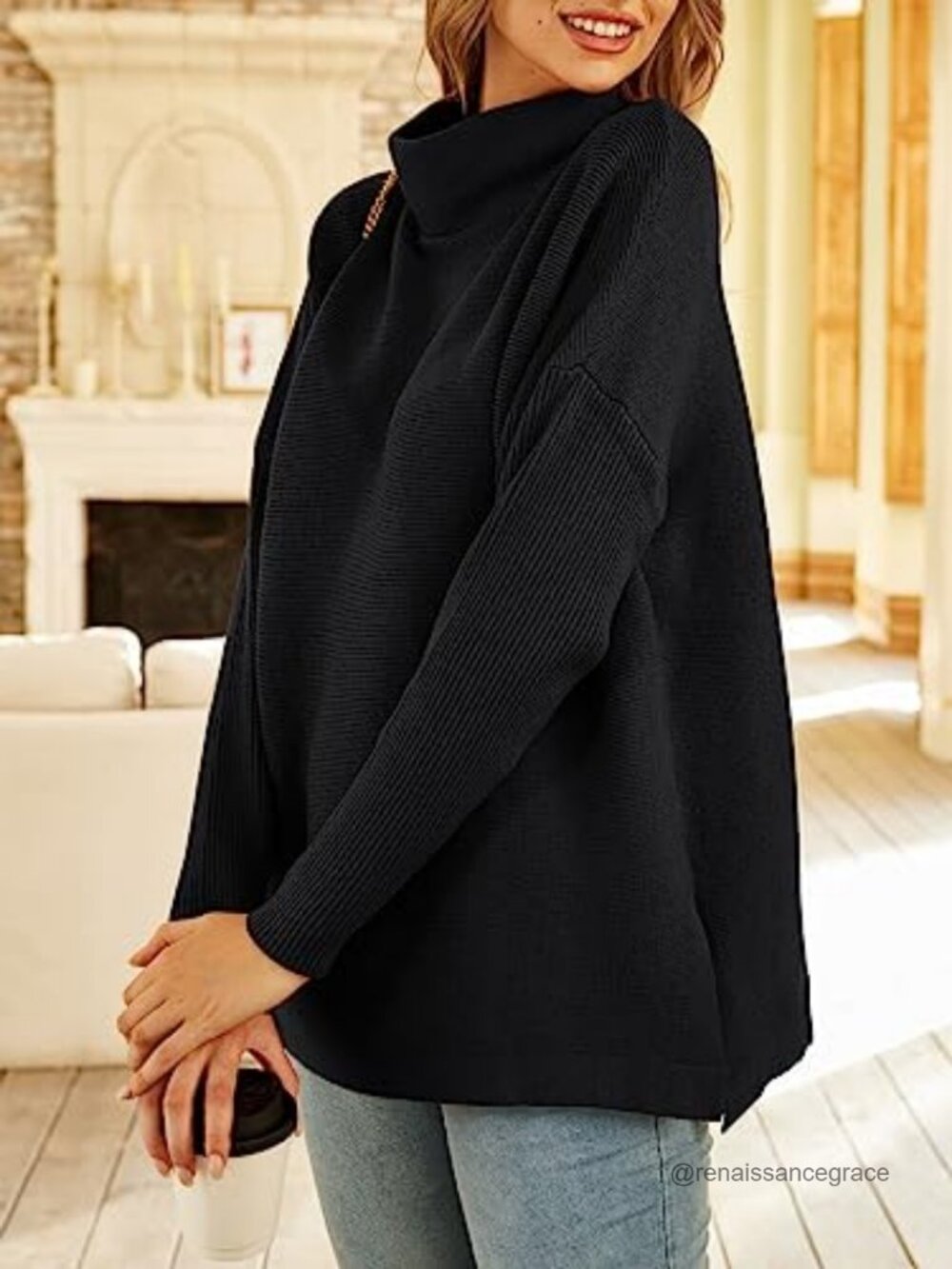 Mock Turtleneck Oversized Long Tunic Sweater Pullover Knit